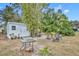 Backyard with shed, seating area, and lush plants at 216 Hickory Ave, Orange City, FL 32763