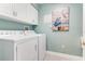 Convenient laundry room with a washer, dryer, white cabinets, and a charming pelican themed art piece at 4672 Riverwalk Village # 8406, Ponce Inlet, FL 32127