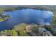 An aerial view showcases a lakefront luxury property with a private pool, dock, and lush landscaping at 510 Sandy Bluff Trl, Deland, FL 32724