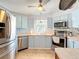 Functional kitchen featuring stainless steel appliances, and light blue cabinets at 907 Rose Ln, The Villages, FL 32159