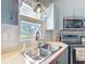 This kitchen boasts a stainless steel sink, stainless steel appliances, blue cabinets, and a view of a well-manicured yard at 907 Rose Ln, The Villages, FL 32159