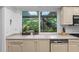 Kitchen area with stainless steel appliances, white countertops, and large garden window at 120 Beach St, Ponce Inlet, FL 32127