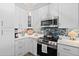 Close-up of the updated kitchen with stainless appliances, stylish tile backsplash, and white cabinets at 2 Oceans West Blvd # 1905, Daytona Beach Shores, FL 32118