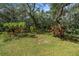 Lush backyard featuring mature trees, tropical plants, and a well-maintained lawn at 2918 Hardy Ave, New Smyrna Beach, FL 32168