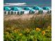 Scenic beach view with inviting blue umbrellas, beach chairs, and flowers framing the beautiful ocean scenery at 562 Landshark Blvd, Daytona Beach, FL 32124
