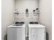 Bright laundry room with washer, dryer, storage shelf, and gray wood-look tile flooring at 2236 Oconnel Dr, Ormond Beach, FL 32174