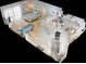 Floorplan of a bedroom/bathroom space with a queen bed, chair, and 2 sinks with an adjoining toilet and shower at 3700 S Atlantic Ave # 111, New Smyrna Beach, FL 32169