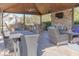 Covered patio features an outdoor kitchen, a fireplace, comfortable seating, and a dining table at 5306 Empire Church Rd, Groveland, FL 34736