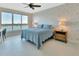 This bedroom features a bed, a desk, and a large window with beautiful water views at 241 Riverside Dr # 1502, Daytona Beach, FL 32117