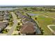 Expansive aerial view shows backyard, surrounding community, lake, and golf course views at 3432 Wise Way, The Villages, FL 32163