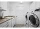 Modern laundry room with granite countertops, undermount sink, white cabinets, and front-loading washer/dryer at 3432 Wise Way, The Villages, FL 32163