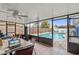 Relaxing screened-in lanai boasts a ceiling fan, and views of the private swimming pool and fenced backyard at 445 Virginia Ave, St Cloud, FL 34769