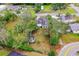 Aerial view of property featuring the home, fenced backyard, mature trees, and a storage shed at 1702 Carolina Ave, Ormond Beach, FL 32174