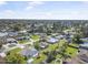 Overhead shot of a residential area showcasing green lawns, mature trees, and inviting swimming pool at 2216 Umbrella Tree Dr, Edgewater, FL 32141