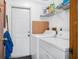 Laundry room featuring washer, dryer, shelving and white door at 2249 Swoope Dr, New Smyrna Beach, FL 32168