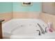 Close up of the bathtub with jets and decorative faucet in the light blue bathroom at 2801 S Ridgewood Ave # 1214, South Daytona, FL 32119