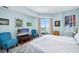 Comfortable bedroom with blue walls, sliding glass doors with water views, and neutral-toned bedspread at 2801 S Ridgewood Ave # 1214, South Daytona, FL 32119