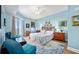 Comfortable bedroom with blue walls, sliding glass doors with water views, and neutral-toned bedspread at 2801 S Ridgewood Ave # 1214, South Daytona, FL 32119