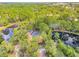 An aerial view of a home with screened-in pool, tennis court, and surrounding pond and lush tree canopy at 49 Crooked Pine Rd, Port Orange, FL 32128