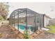 Wide angle of a screened-in pool and backyard space, with an AC unit on the far right side at 347 Admiralty Ct, Edgewater, FL 32141