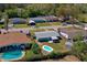 Aerial view of a neighborhood featuring cozy homes, green lawns, and a community pool at 1609 Raleigh Ave, Daytona Beach, FL 32117
