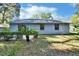 A view of the backyard featuring the light blue siding of the home, with a small garden and green leafy plants at 29 Ramblewood Trl, Deland, FL 32724