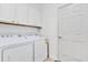 Functional laundry room with a washer, dryer, overhead cabinets, and a door to an outdoor space at 307 Heron Point Way, Deland, FL 32724