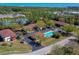 Community aerial view, highlighting the pool, buildings, parking, and green spaces at 112 Lacosta Ln # 115, Daytona Beach, FL 32114