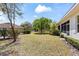 Expansive backyard with lush green grass, mature trees, and view of screened in patio from the home at 1422 Carlow Cir, Ormond Beach, FL 32174