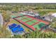 Aerial view of a recreational area showcasing multiple tennis and basketball courts with shaded seating at 1877 N Merrick Dr # 0, Deltona, FL 32738