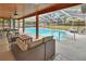 Inviting pool area with covered patio, comfortable seating, and screened enclosure at 525 E Wisconsin Ave, Orange City, FL 32763