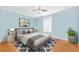 Light blue bedroom with a cozy bed and a modern gray and white area rug at 19 Twin River Dr, Ormond Beach, FL 32174