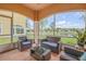 Relaxing screened patio with comfortable wicker furniture and a serene view of the water at 3145 Connemara Dr, Ormond Beach, FL 32174