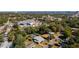 An aerial view showing a tranquil pond near a neighborhood featuring mature landscaping and a screened-in pool at 511 Powers Ave, Port Orange, FL 32127