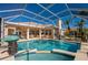 A backyard swimming pool is surrounded by a screened enclosure and lush tropical plants at 1792 Arash Cir, Port Orange, FL 32128