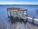 Aerial view of a stylish private dock on the river with an upper deck, stairs and boat lift at 2149 Hontoon Rd, Deland, FL 32720