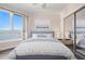 Comfortable bedroom featuring a waterfront view from a large window, closet and a ceiling fan at 241 Riverside Dr # 704, Holly Hill, FL 32117
