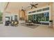 Covered patio with outdoor kitchen, ceiling fans, and sliding glass doors at 2454 Hyatt Creek Ln, Port Orange, FL 32128