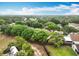 Aerial view of fenced backyard, lawn and surrounding tree-filled neighborhood, showcasing the homes location at 30029 Pga Dr, Sorrento, FL 32776