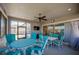 Screened patio featuring a dining table, ceiling fan, and sliding glass doors, perfect for entertaining and relaxing outdoors at 418 Aquamarine Way, Daytona Beach, FL 32124
