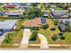 Aerial view of a single-Gathering home with a well-manicured lawn, solar panels, and circular driveway at 863 Riverside Dr, Ormond Beach, FL 32176
