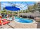 Inviting screened-in pool area with brick patio, water feature, blue umbrellas, and comfortable lounge seating for relaxation at 13944 Huntwick Dr, Orlando, FL 32837