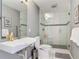 Bathroom featuring an updated vanity and glass enclosed shower with white subway tile at 1578 Stone Trl, Deltona, FL 32725