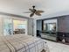 Main bedroom with sliding door access to an outdoor dining area, a custom entertainment unit, and tile floors at 1578 Stone Trl, Deltona, FL 32725