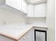 This white kitchenette features updated cabinets and a small refrigerator at 4363 S Atlantic Ave, Ponce Inlet, FL 32127
