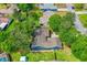 Aerial view of the property showing the charming blue home, mature trees, and well-maintained landscape at 1206 Parkside Dr, Ormond Beach, FL 32174