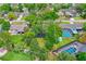 Aerial view of a blue home nestled among mature trees, with a spacious yard and nearby pool at 1206 Parkside Dr, Ormond Beach, FL 32174