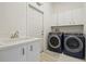 Functional laundry room featuring a sink, modern washer and dryer, and ample storage cabinets at 6111 Oxbow Bend Ln, Port Orange, FL 32128