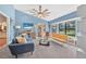 Stylish living room with blue walls, modern furniture, and a large window offering ample natural light at 6247 Palomino Cir, Port Orange, FL 32127