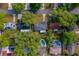 Aerial view of a neighborhood with tree-lined streets, showing the layout of houses, pools, and green spaces at 105 Laguna Ct, Sanford, FL 32773